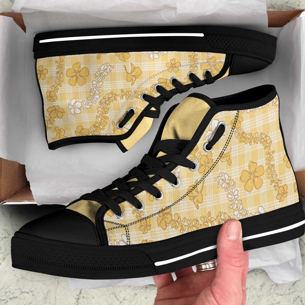 Melemele Aloha Hawaii High Top Shoes Plumeria Lei With Palaka Motif LT14 Yellow - Polynesian Pride