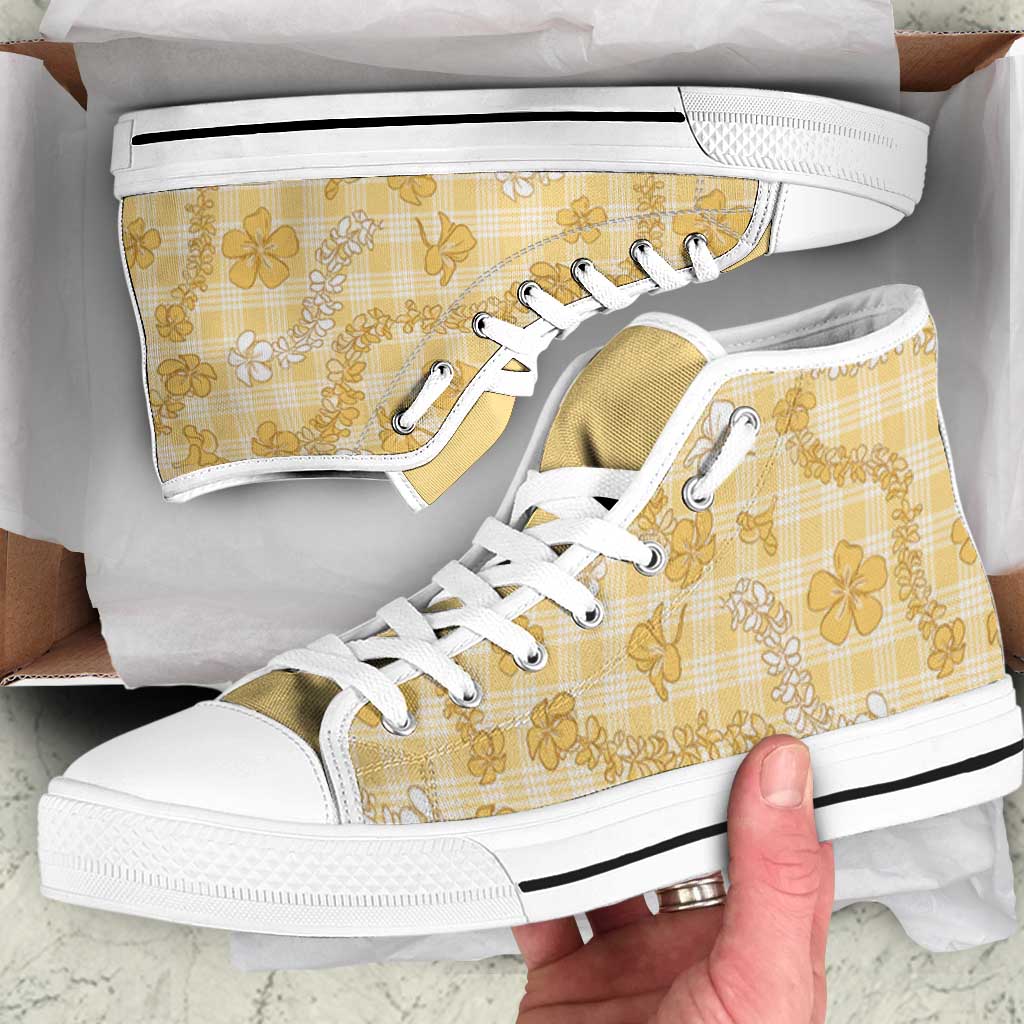 Melemele Aloha Hawaii High Top Shoes Plumeria Lei With Palaka Motif LT14 Yellow - Polynesian Pride