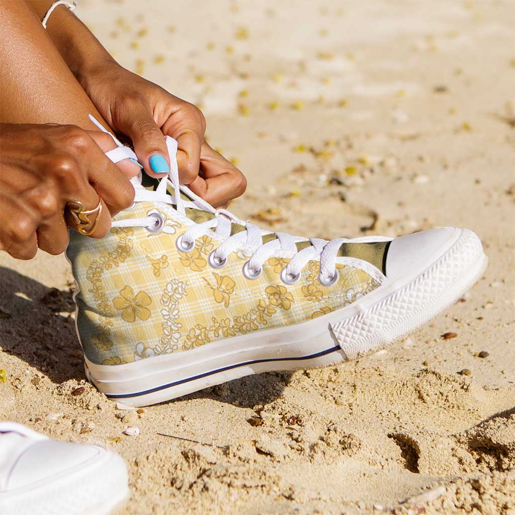 Melemele Aloha Hawaii High Top Shoes Plumeria Lei With Palaka Motif LT14 - Polynesian Pride