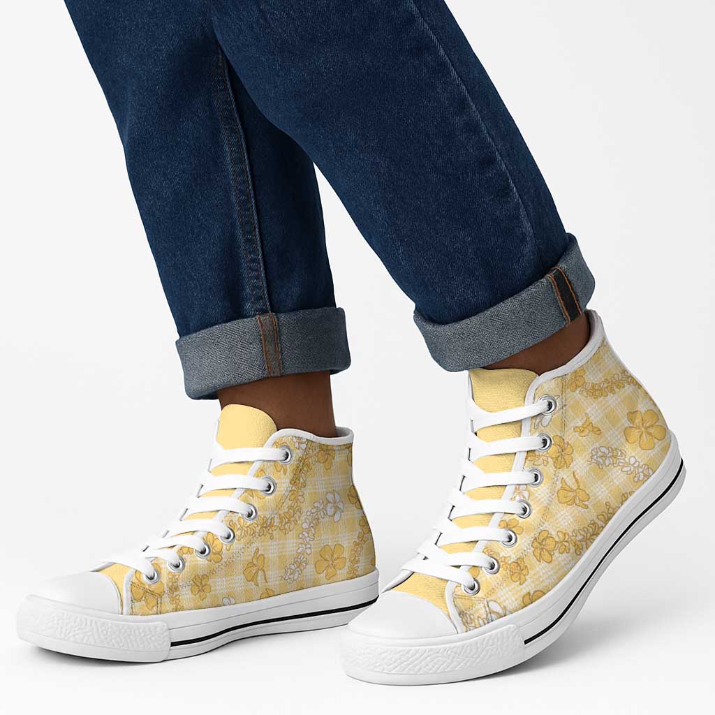 Melemele Aloha Hawaii High Top Shoes Plumeria Lei With Palaka Motif LT14 - Polynesian Pride