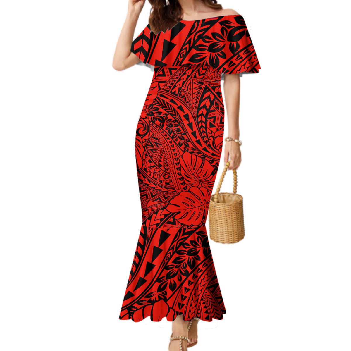 Hawaii Couples Matching Mermaid Dress and Hawaiian Shirt Red Polynesian Tribal Art LT14 - Polynesian Pride
