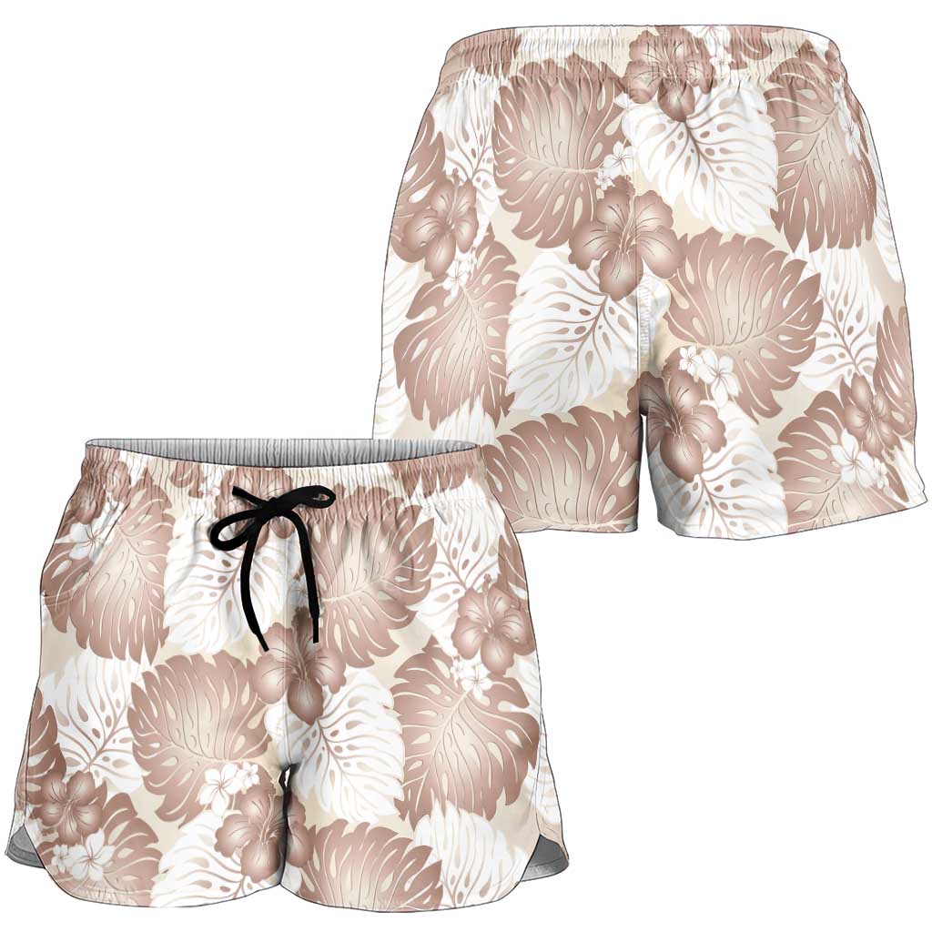 Mocha Mousse Aloha Hawaii Shorts for Women Monstera Hibiscus Plumeria Seamless Vibes - Polynesian Pride