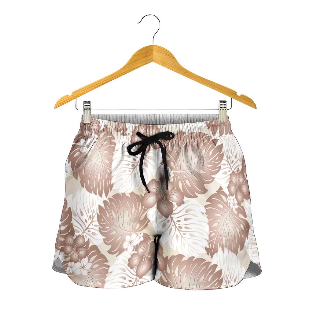 Mocha Mousse Aloha Hawaii Shorts for Women Monstera Hibiscus Plumeria Seamless Vibes - Polynesian Pride