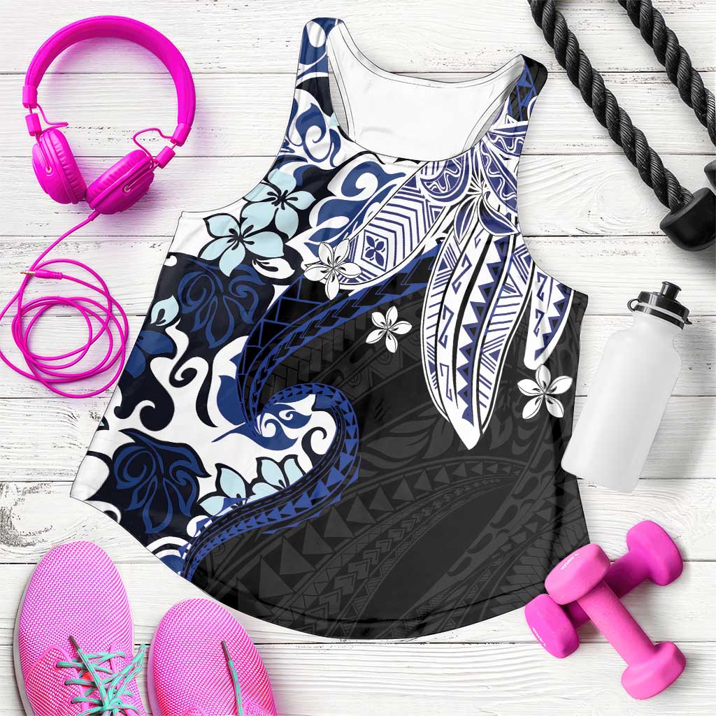 Monstera Plumeria Flowers Blue Women Racerback Tank Polynesian Pattern LT01 Blue - Polynesian Pride