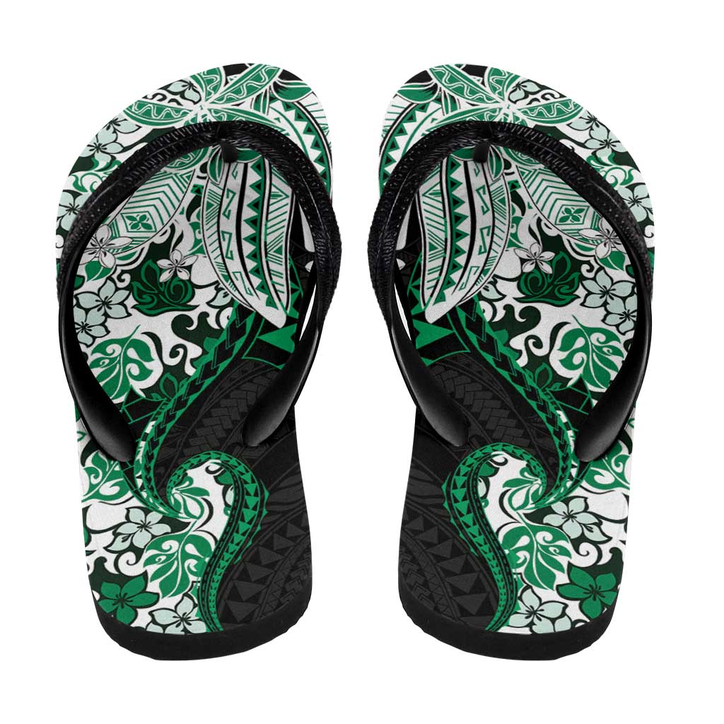 Monstera Plumeria Flowers Green Flip Flops Polynesian Pattern