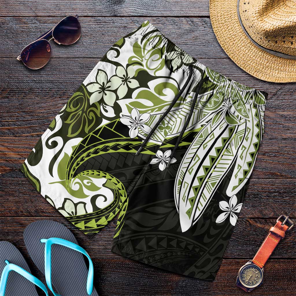 Monstera Plumeria Flowers Olive Green Shorts for Men Polynesian Pattern LT01 Green - Polynesian Pride