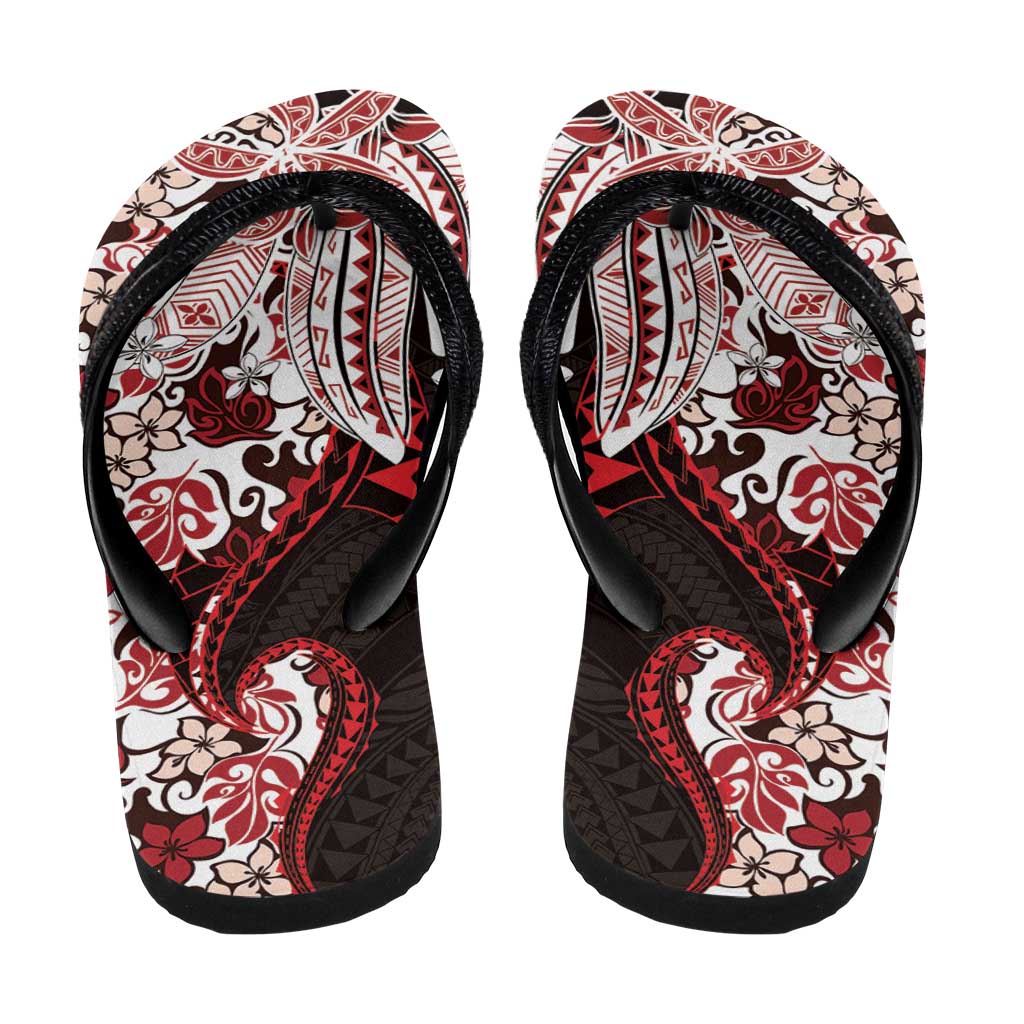Monstera Plumeria Flowers Red Flip Flops Polynesian Pattern
