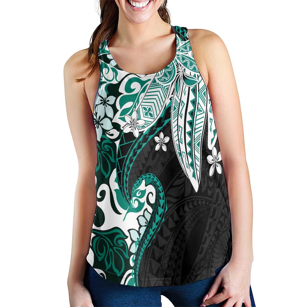 Monstera Plumeria Flowers Teal Women Racerback Tank Polynesian Pattern