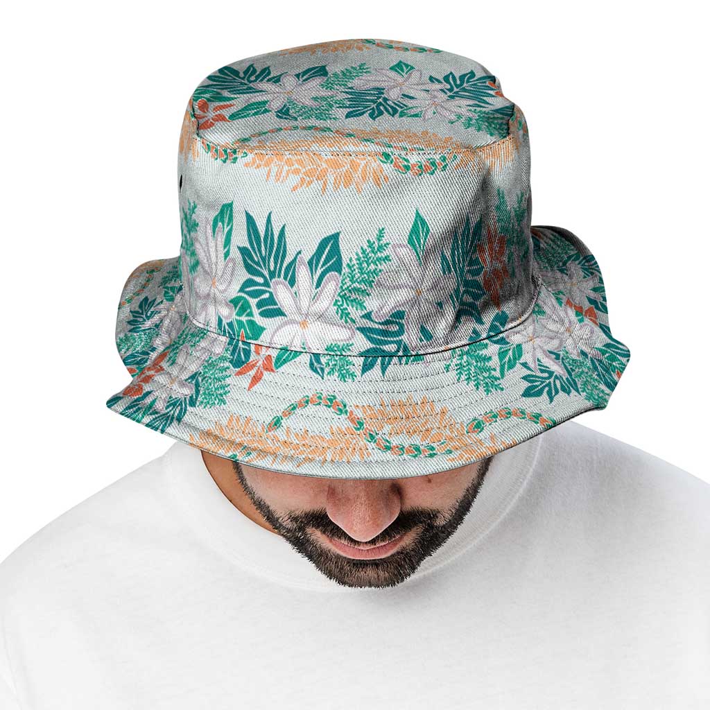 Monstera Tiare Plumeria Lei Pattern Bucket Hat Teal Version