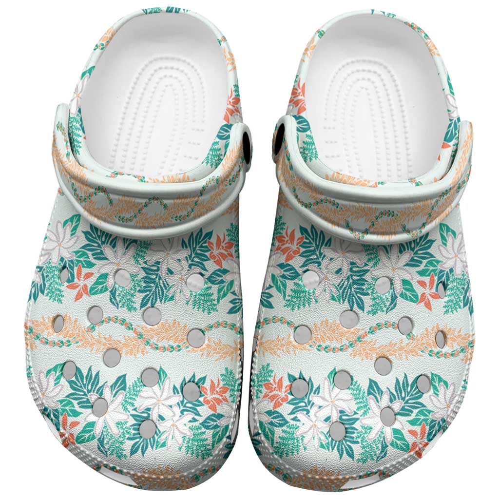 Monstera Tiare Plumeria Lei Pattern Clogs Shoes Teal Version