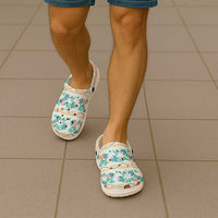 Monstera Tiare Plumeria Lei Pattern Clogs Shoes Teal Version