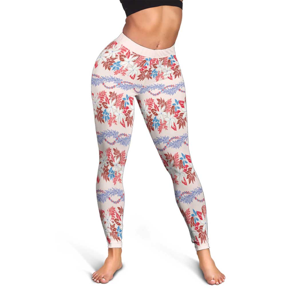 Monstera Tiare Plumeria Lei Pattern Leggings Red Version LT01 - Polynesian Pride