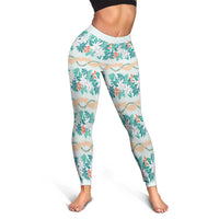 Monstera Tiare Plumeria Lei Pattern Leggings Teal Version