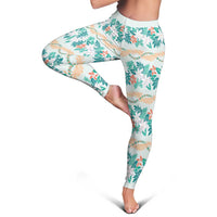 Monstera Tiare Plumeria Lei Pattern Leggings Teal Version
