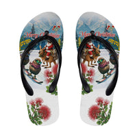 New Zealand and Australia Merry Christmas Flip Flops Kiwi Birds Skiing and Koala Santa Riding Kangaroo LT03 Multicolor - Polynesian Pride