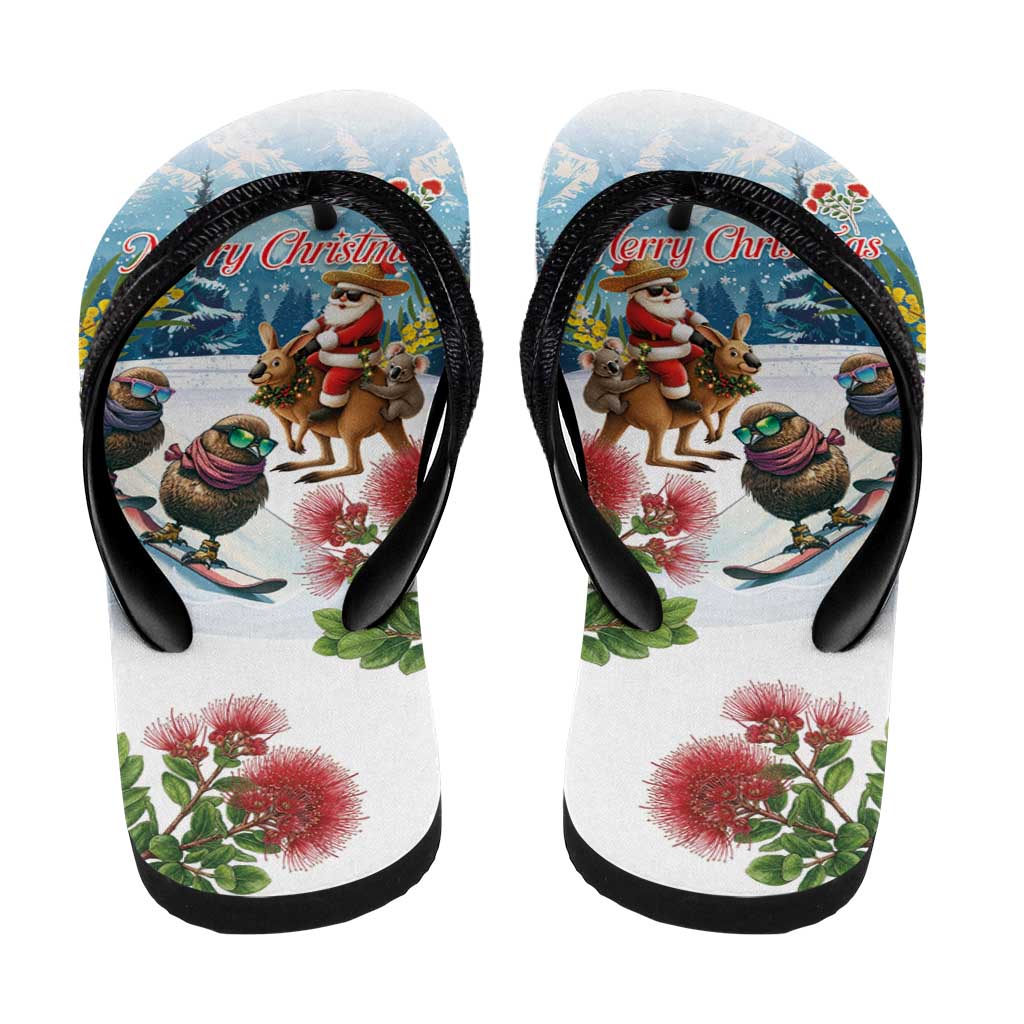 New Zealand and Australia Merry Christmas Flip Flops Kiwi Birds Skiing and Koala Santa Riding Kangaroo LT03 - Polynesian Pride