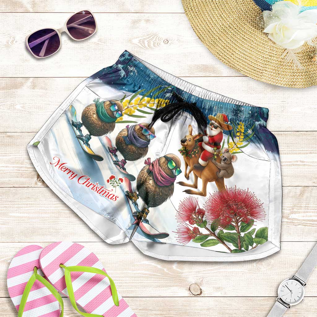 New Zealand and Australia Merry Christmas Shorts for Women Kiwi Birds Skiing and Koala Santa Riding Kangaroo LT03 Multicolor - Polynesian Pride