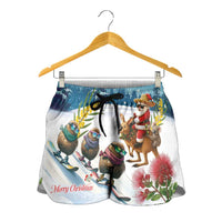 New Zealand and Australia Merry Christmas Shorts for Women Kiwi Birds Skiing and Koala Santa Riding Kangaroo LT03 - Polynesian Pride