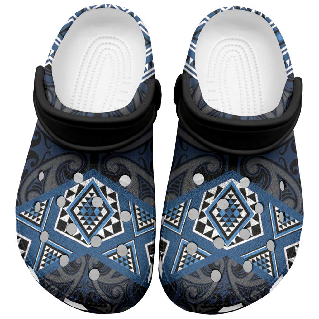 New Zealand Aotearoa Clogs Shoes Blue Taniko Art Maori Pattern - Polynesian Pride