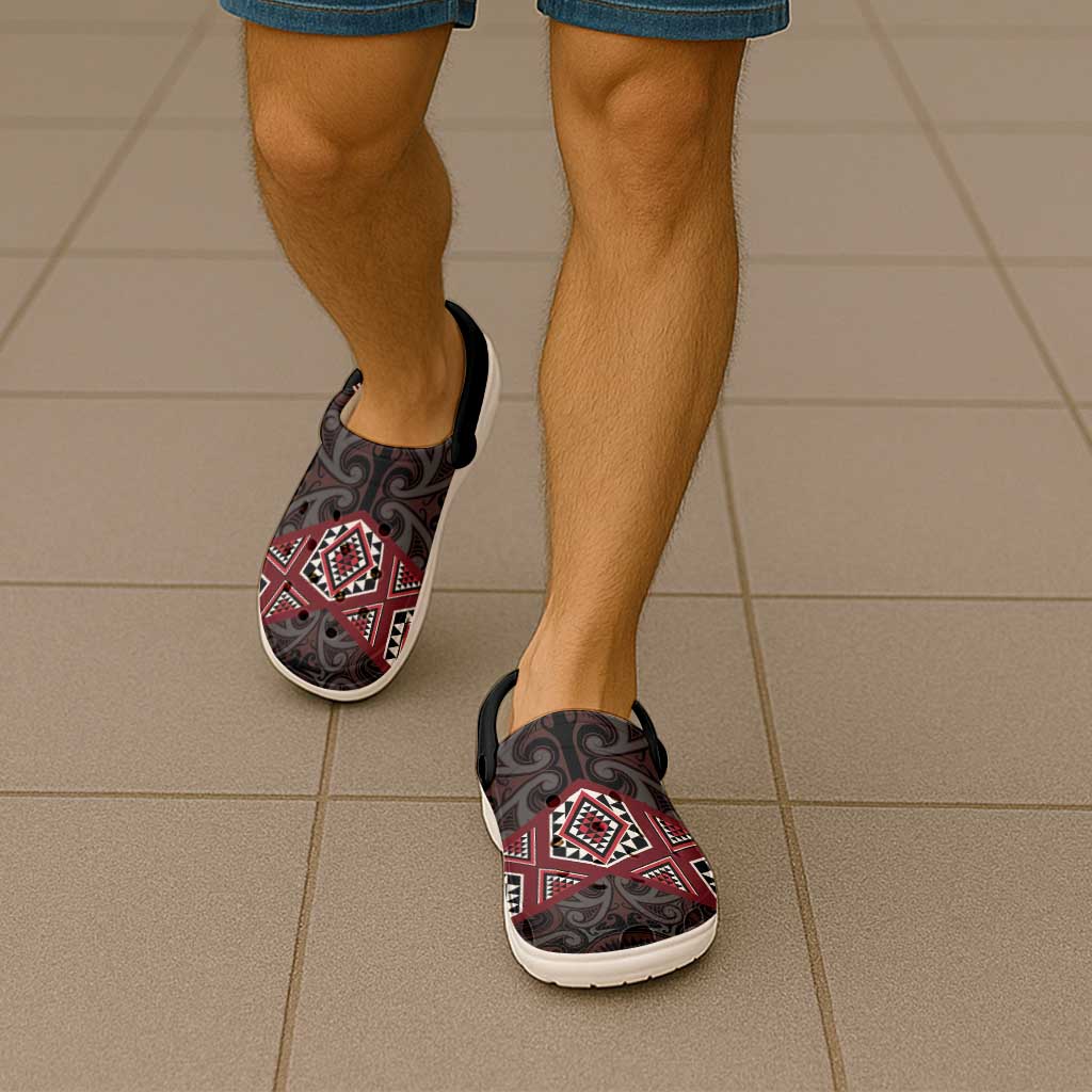 New Zealand Aotearoa Clogs Shoes Red Taniko Art Maori Pattern LT05 - Polynesian Pride