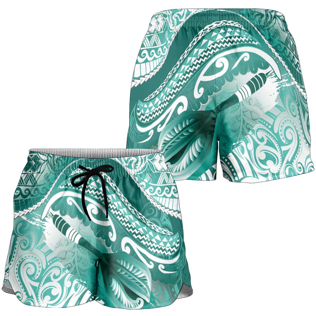 New Zealand Aotearoa Darts Masters Shorts for Women Maori Art Tattoo with Tribal Dart Symbol Teal Color - Polynesian Pride