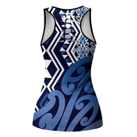New Zealand Hollow Tank Top Aotearoa Kowhaiwhai Mix Taniko Art - Blue LT14 - Polynesian Pride