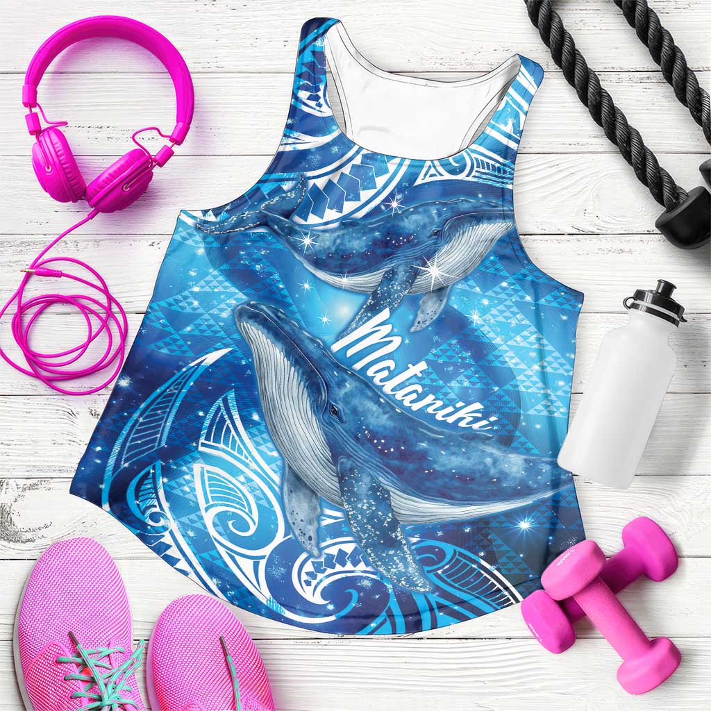 New Zealand Humpback Whale Matariki Women Racerback Tank Maori New Year Taniko Niho Taniwha LT14 Blue - Polynesian Pride