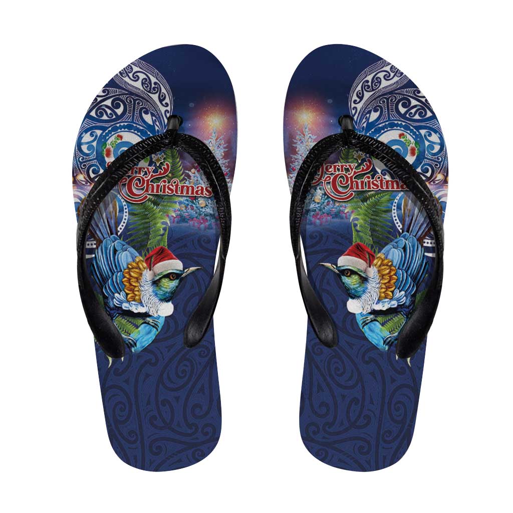 New Zealand Merry Christmas Flip Flops Maori Tribal Pattern with Xmas Tui Bird