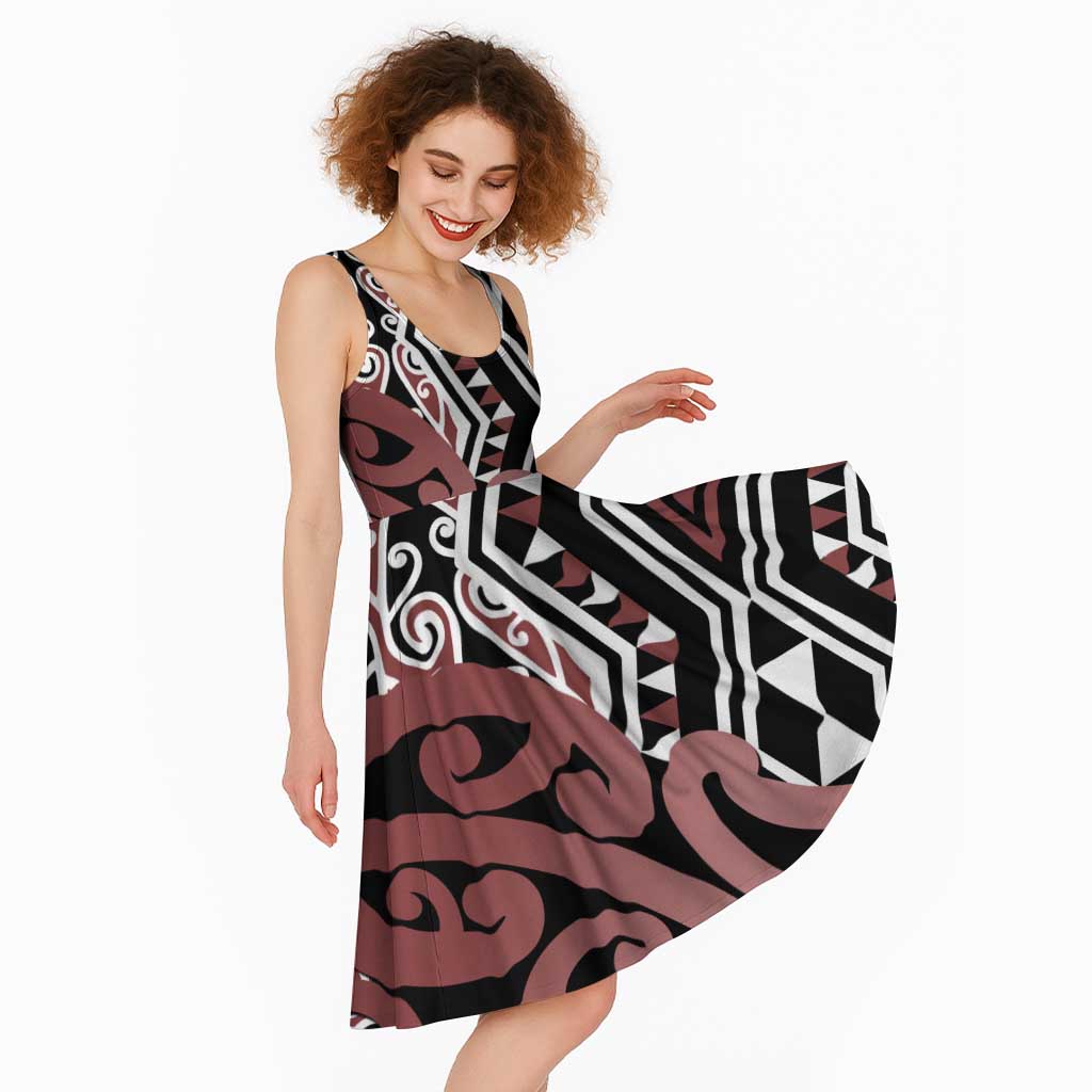 New Zealand Midi Dress Aotearoa Kowhaiwhai Mix Taniko Art - Brown LT14 - Polynesian Pride