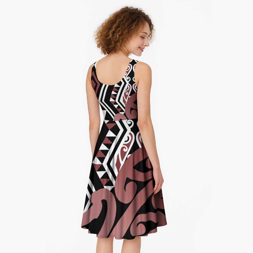 New Zealand Midi Dress Aotearoa Kowhaiwhai Mix Taniko Art - Brown LT14 - Polynesian Pride