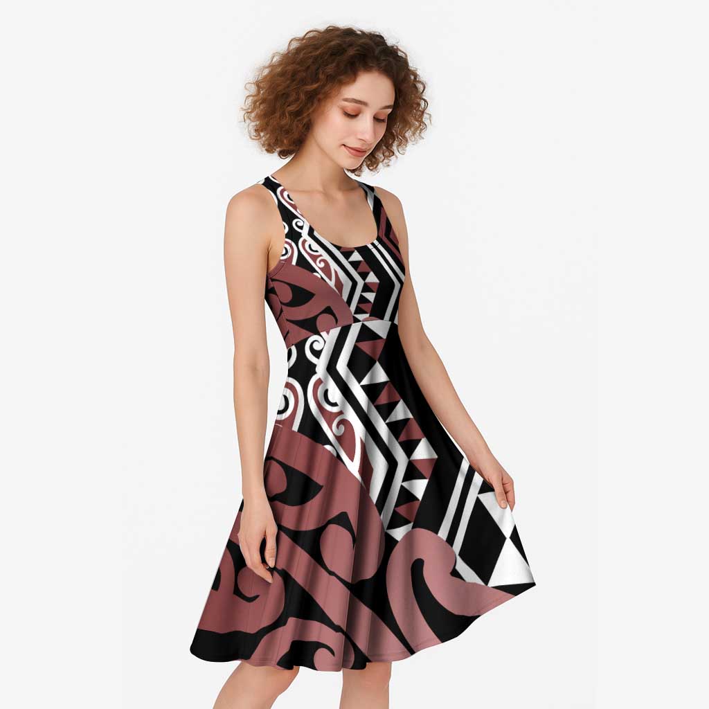 New Zealand Midi Dress Aotearoa Kowhaiwhai Mix Taniko Art - Brown LT14 - Polynesian Pride