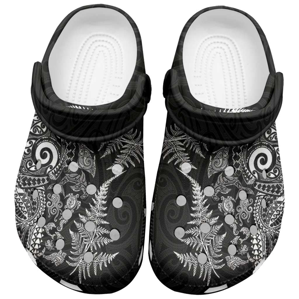 New Zealand Sea Animals Clogs Shoes with Maori Koru Tribal Tattoo and Silver Ferns Black Color LT03 Black - Polynesian Pride