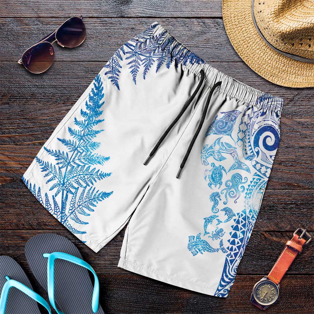 New Zealand Sea Animals Shorts for Men with Maori Koru Tribal Tattoo and Silver Ferns Galaxy Style LT03 Multicolor - Polynesian Pride
