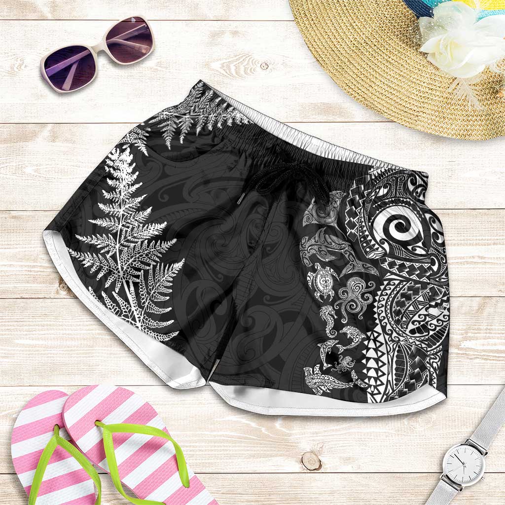New Zealand Sea Animals Shorts for Women with Maori Koru Tribal Tattoo and Silver Ferns Black Color LT03 Black - Polynesian Pride