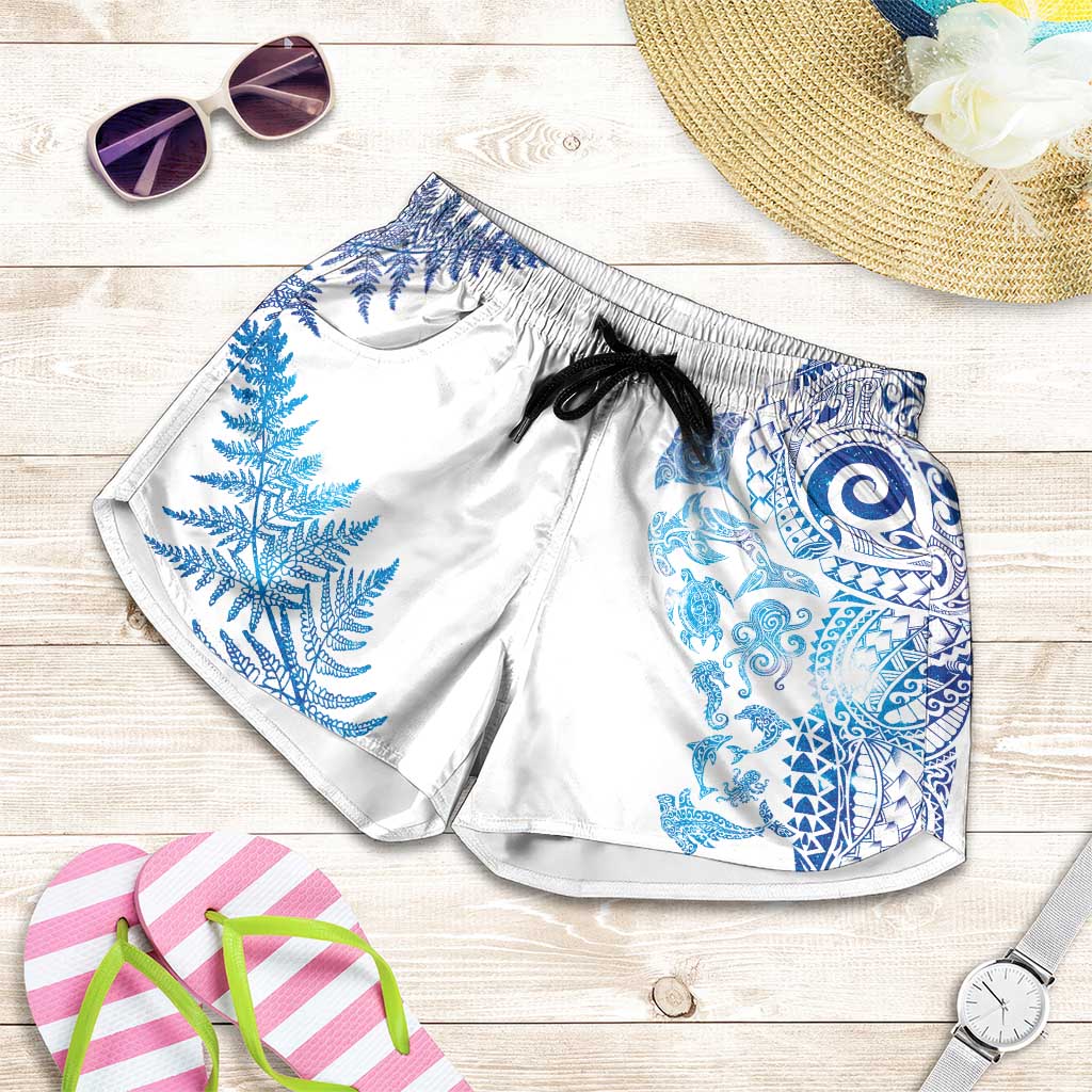 New Zealand Sea Animals Shorts for Women with Maori Koru Tribal Tattoo and Silver Ferns Galaxy Style LT03 Multicolor - Polynesian Pride