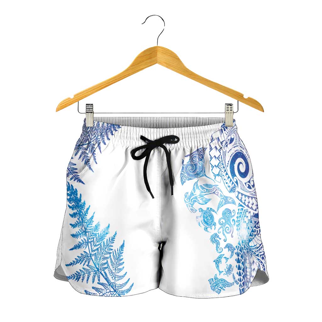 New Zealand Sea Animals Shorts for Women with Maori Koru Tribal Tattoo and Silver Ferns Galaxy Style LT03 - Polynesian Pride