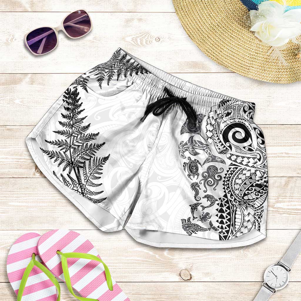 New Zealand Sea Animals Shorts for Women with Maori Koru Tribal Tattoo and Silver Ferns White Color LT03 White - Polynesian Pride