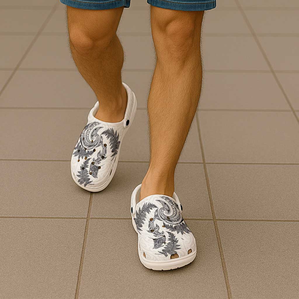 New Zealand Sea Animals with Maori Tribal Tattoo Clogs Shoes Shark Manta Ray with Silver Fern White LT03 - Polynesian Pride