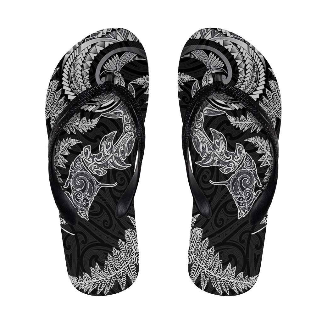 New Zealand Sea Animals with Maori Tribal Tattoo Flip Flops Shark Manta Ray with Silver Fern Black