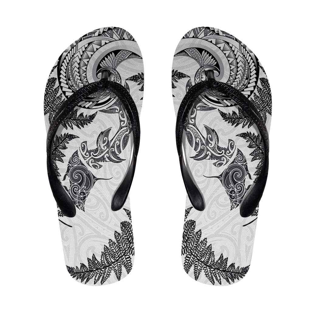 New Zealand Sea Animals with Maori Tribal Tattoo Flip Flops Shark Manta Ray with Silver Fern White