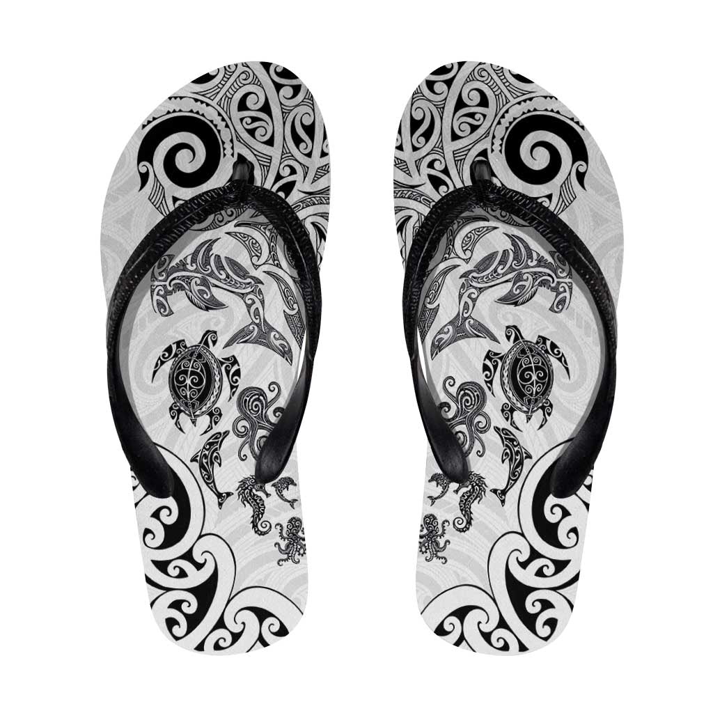 New Zealand Sea Animals with Maori Tribal Tattoo Flip Flops White Color