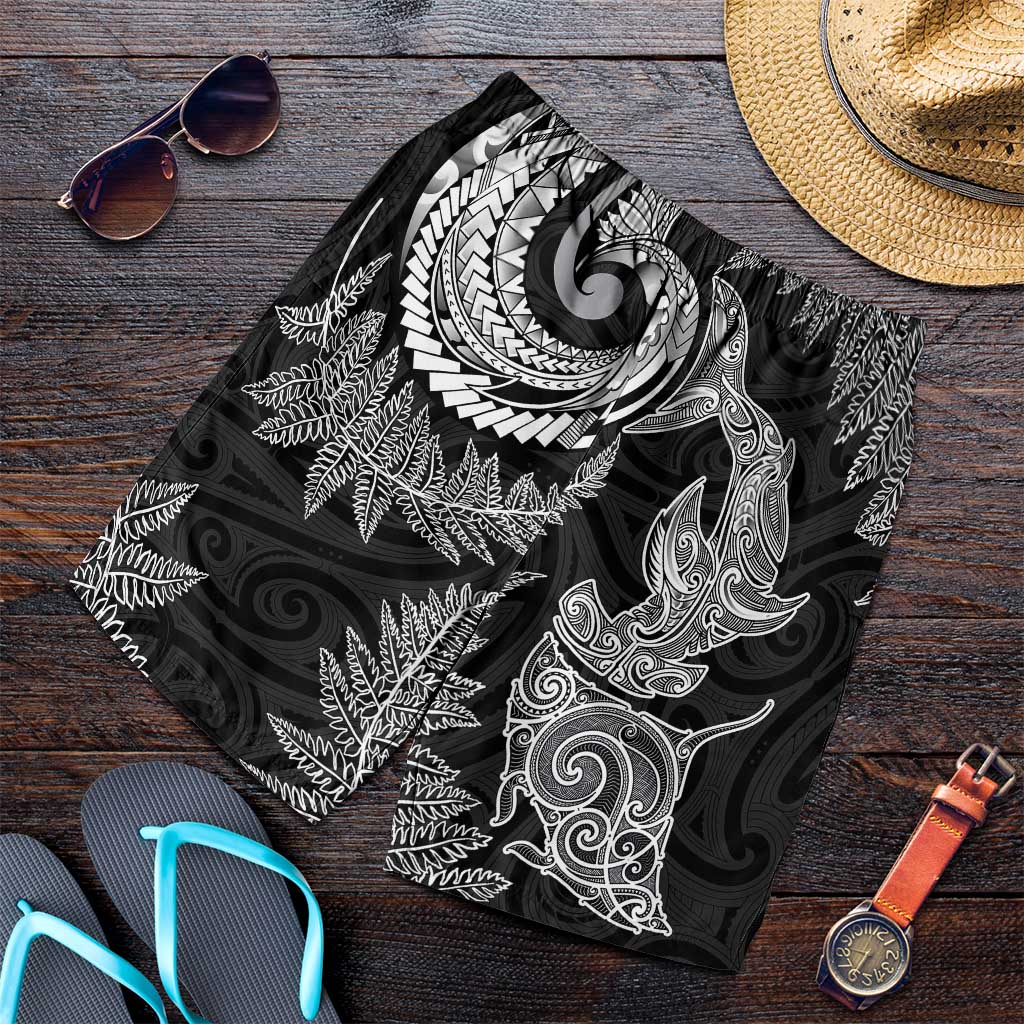New Zealand Sea Animals with Maori Tribal Tattoo Shorts for Men Shark Manta Ray with Silver Fern Black