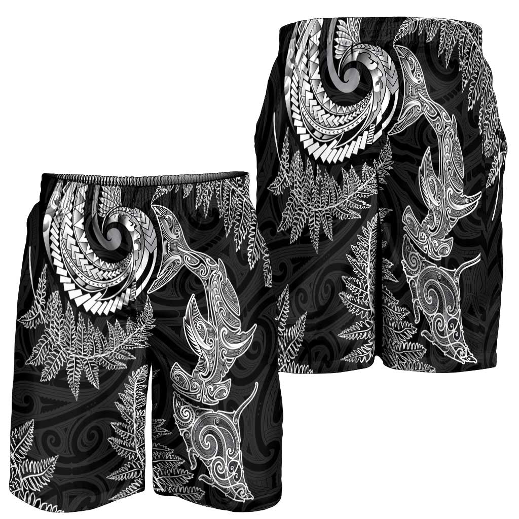 New Zealand Sea Animals with Maori Tribal Tattoo Shorts for Men Shark Manta Ray with Silver Fern Black LT03 - Polynesian Pride