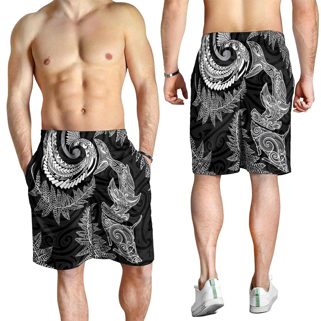 New Zealand Sea Animals with Maori Tribal Tattoo Shorts for Men Shark Manta Ray with Silver Fern Black LT03 - Polynesian Pride