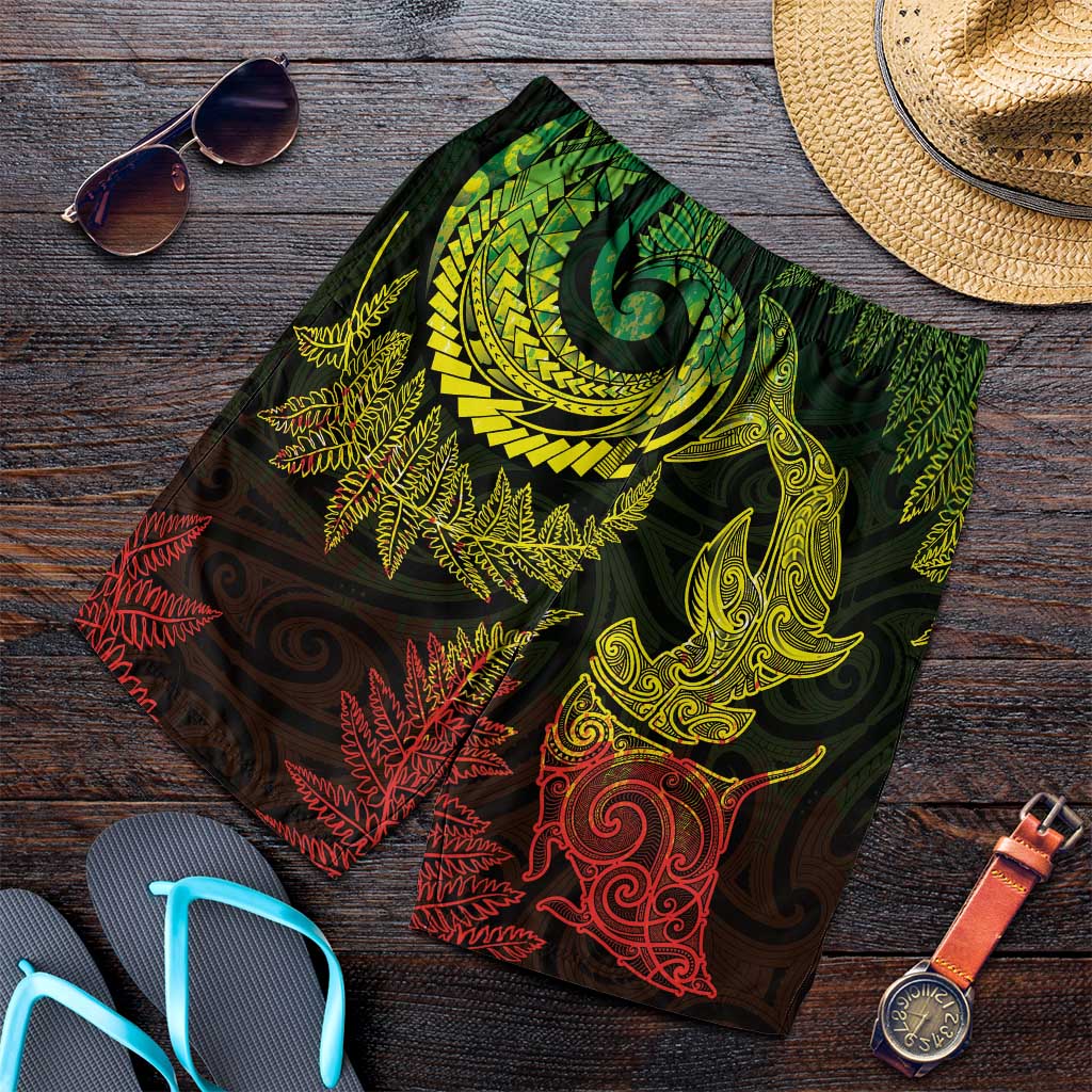 New Zealand Sea Animals with Maori Tribal Tattoo Shorts for Men Shark Manta Ray with Silver Fern Reggae