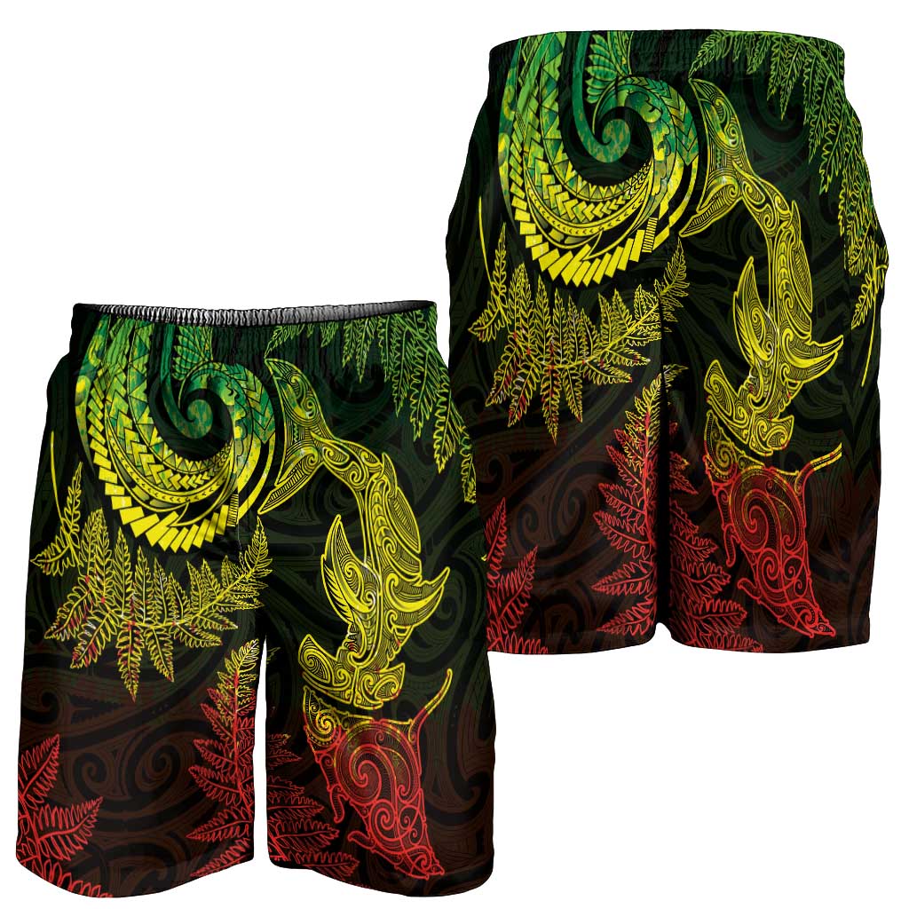 New Zealand Sea Animals with Maori Tribal Tattoo Shorts for Men Shark Manta Ray with Silver Fern Reggae LT03 - Polynesian Pride