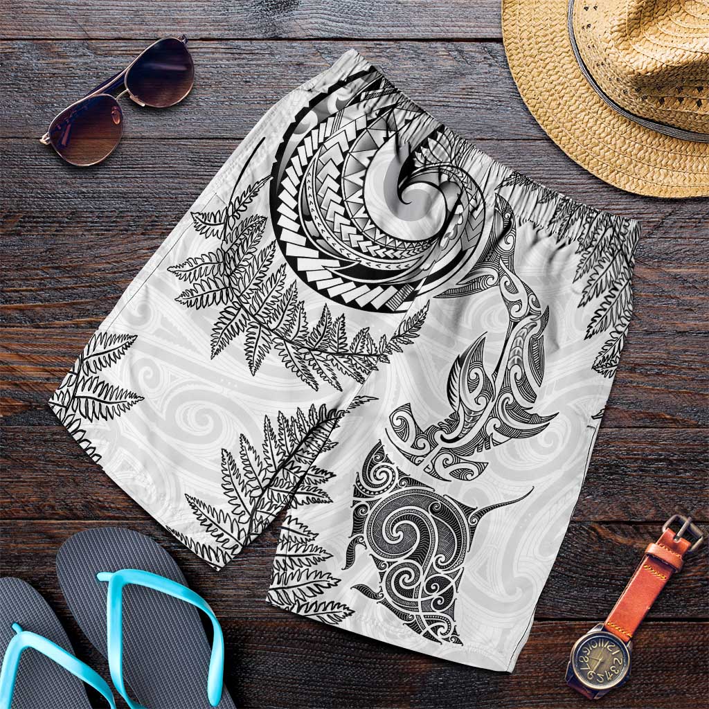 New Zealand Sea Animals with Maori Tribal Tattoo Shorts for Men Shark Manta Ray with Silver Fern White