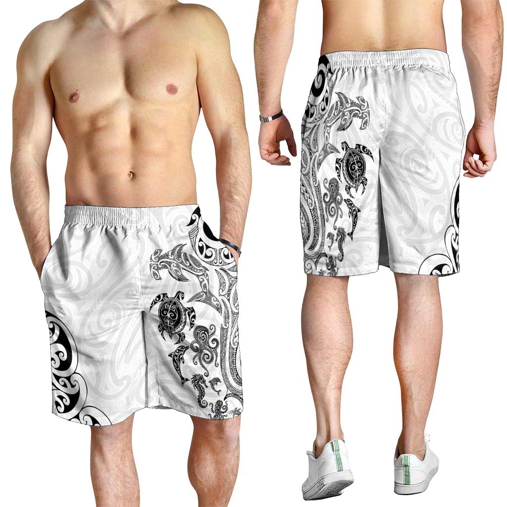 New Zealand Sea Animals with Maori Tribal Tattoo Shorts for Men White Color