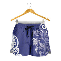 New Zealand Sea Animals with Maori Tribal Tattoo Shorts for Women Blue Color LT03 - Polynesian Pride