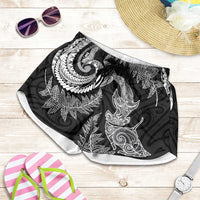New Zealand Sea Animals with Maori Tribal Tattoo Shorts for Women Shark Manta Ray with Silver Fern Black LT03 Black - Polynesian Pride